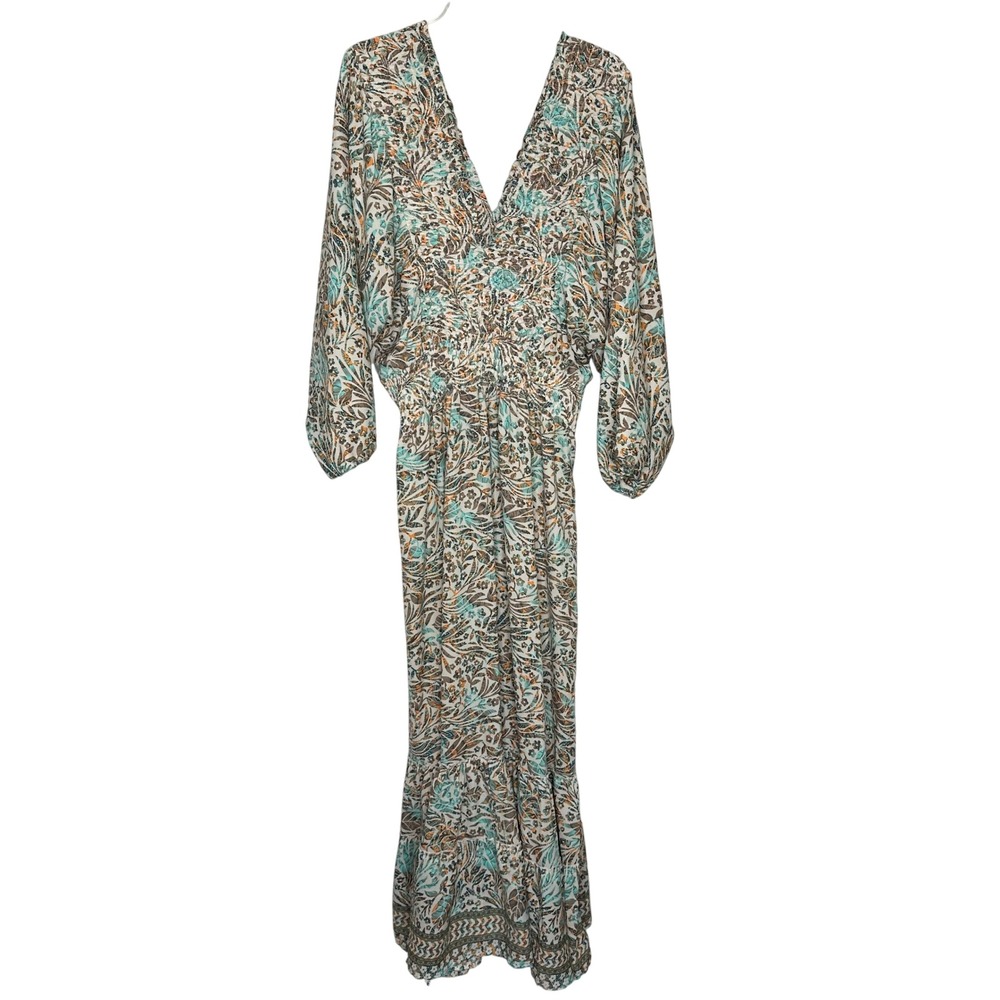 Masala Floral Paisley V-Neck Smocked Maxi Dress Turquoise Orange Large